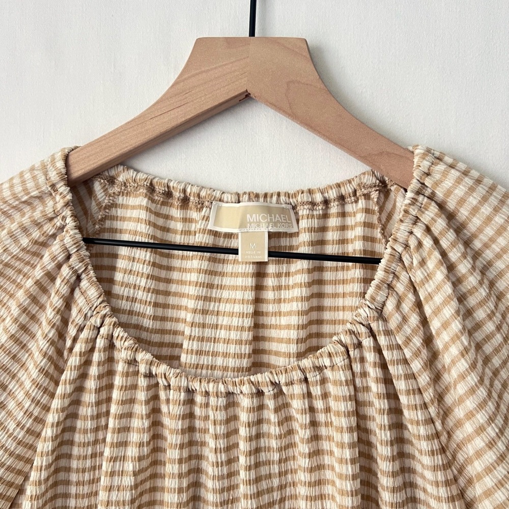 Michael Kors Dress Womens Medium Tan Gingham Check Seersucker Ruffle Cottagecore - Picture 3 of 11